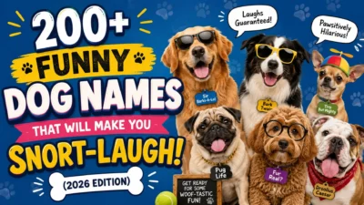 200+ funny dog names graphic featuring playful dogs and hilarious pun-inspired name ideas for 2026