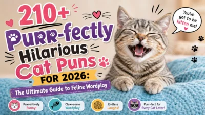 Cute cats with playful typography showcasing cat puns and feline wordplay for 2026 guide