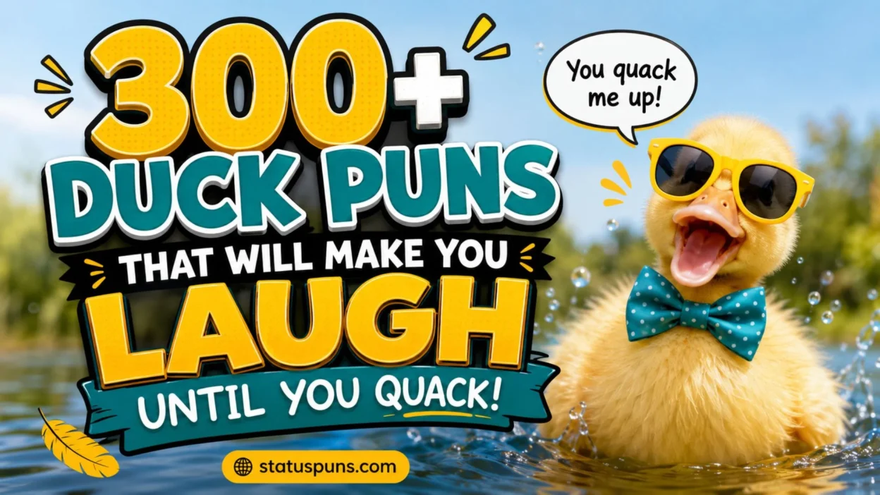 300+ duck puns with a funny duck laughing in sunglasses by a pond