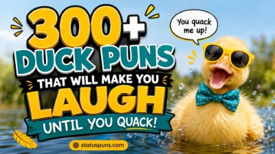 300+ duck puns with a funny duck laughing in sunglasses by a pond