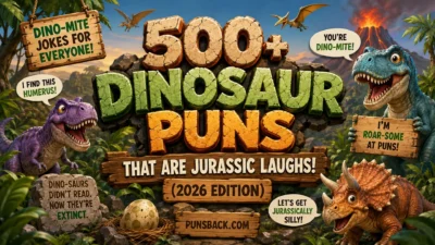500+ dinosaur puns poster with funny cartoon dinosaurs and Jurassic laughs