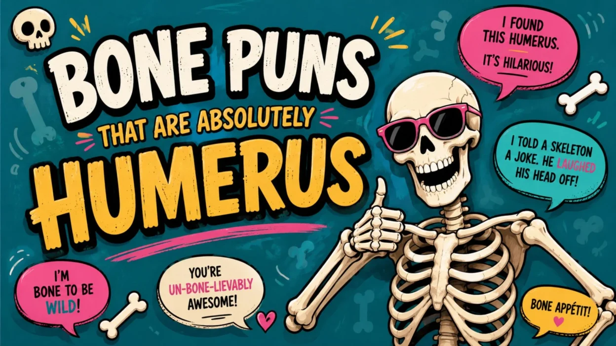 Bone puns graphic featuring a funny skeleton in sunglasses, colorful speech bubbles, and playful humour text.