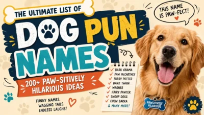 Funny dog pun names graphic featuring a golden retriever and 200+ hilarious name ideas.