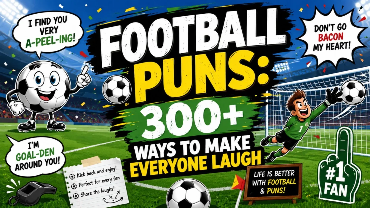 Football puns graphic featuring 300+ funny jokes, a soccer ball mascot, a goalkeeper, and a colourful stadium scene.