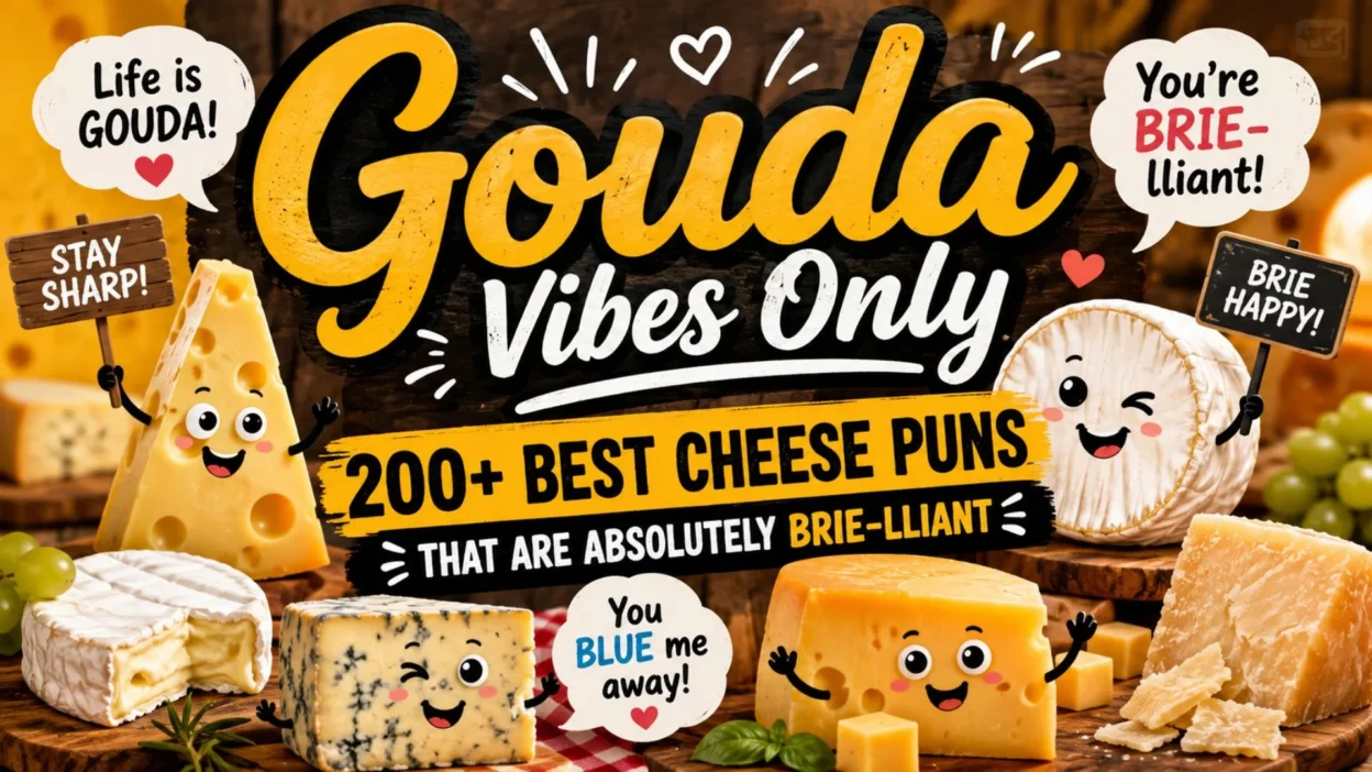 200+ best cheese puns with playful Gouda and Brie cheese characters