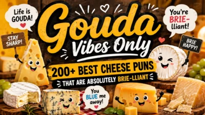 200+ best cheese puns with playful Gouda and Brie cheese characters