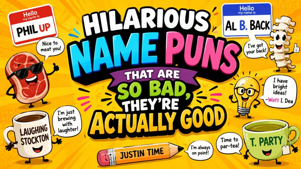 Hilarious name puns graphic with funny pun names, colorful characters, and playful jokes