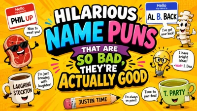 Hilarious name puns graphic with funny pun names, colorful characters, and playful jokes