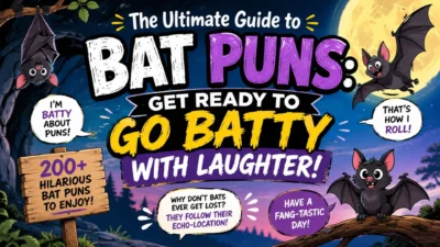 The Ultimate Guide to Bat Puns with playful cartoon bats, funny jokes, and a moonlit night background