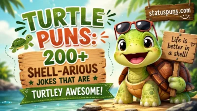 Turtle puns with 200+ shell-arious jokes and a fun cartoon turtle by the beach