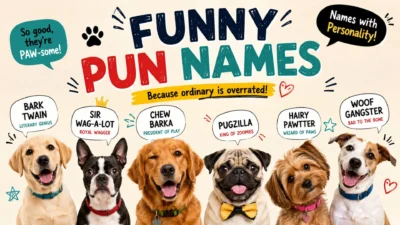 Funny pun names for dogs featuring six adorable pups and playful name ideas like 'Bark Twain' and 'Pugzilla'