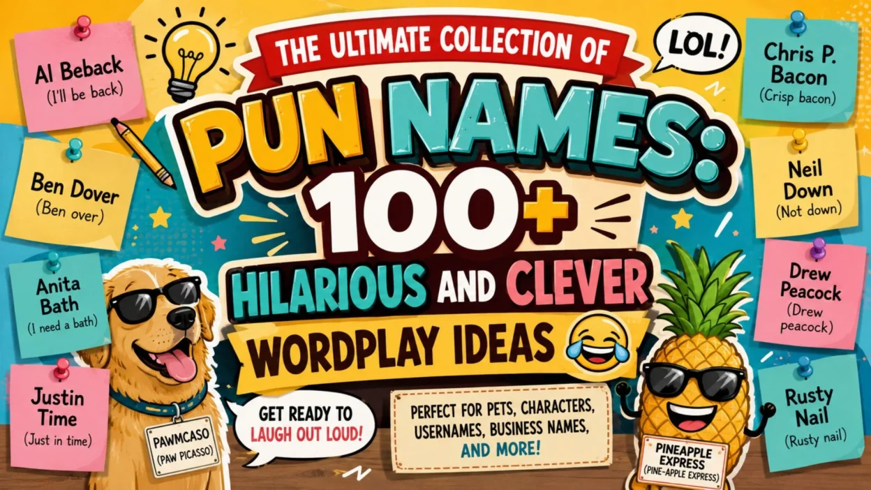 Funny pun names poster featuring 100+ clever wordplay ideas for pets, characters, usernames, and more