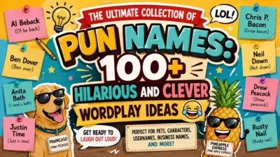 Funny pun names poster featuring 100+ clever wordplay ideas for pets, characters, usernames, and more