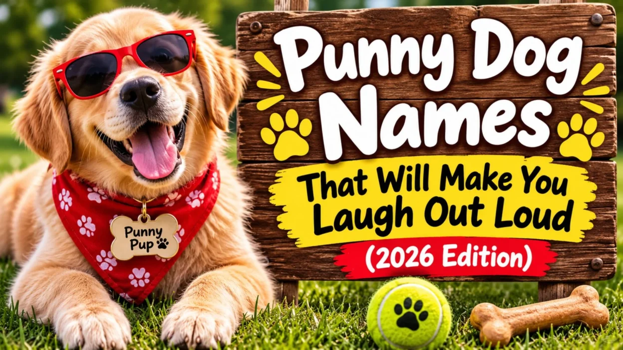 Punny dog names graphic featuring a golden retriever in sunglasses with funny 2026 dog name ideas.