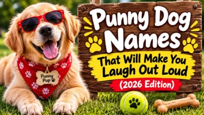 Punny dog names graphic featuring a golden retriever in sunglasses with funny 2026 dog name ideas.