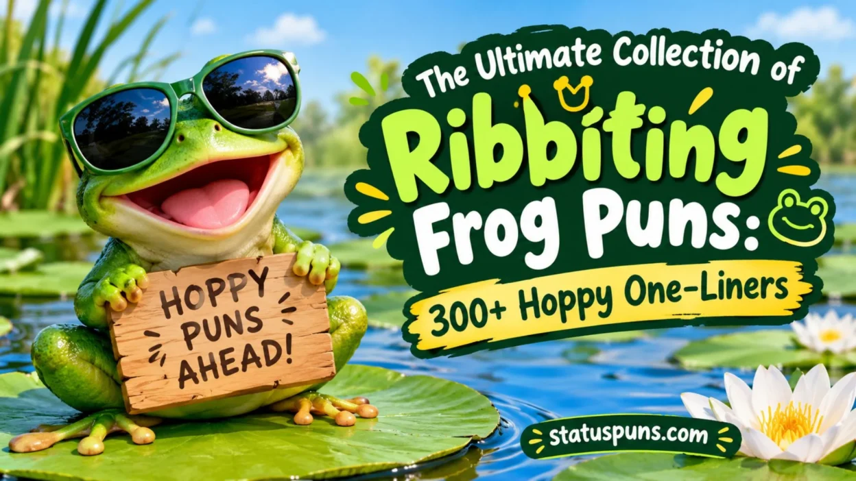 Cheerful frog with sunglasses holding a hoppy puns sign beside a pond