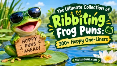 Cheerful frog with sunglasses holding a hoppy puns sign beside a pond