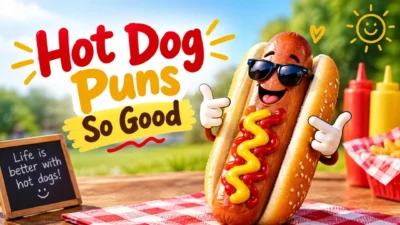 Fun hot dog puns graphic with a smiling hot dog in sunglasses, ketchup, mustard, and picnic-themed background