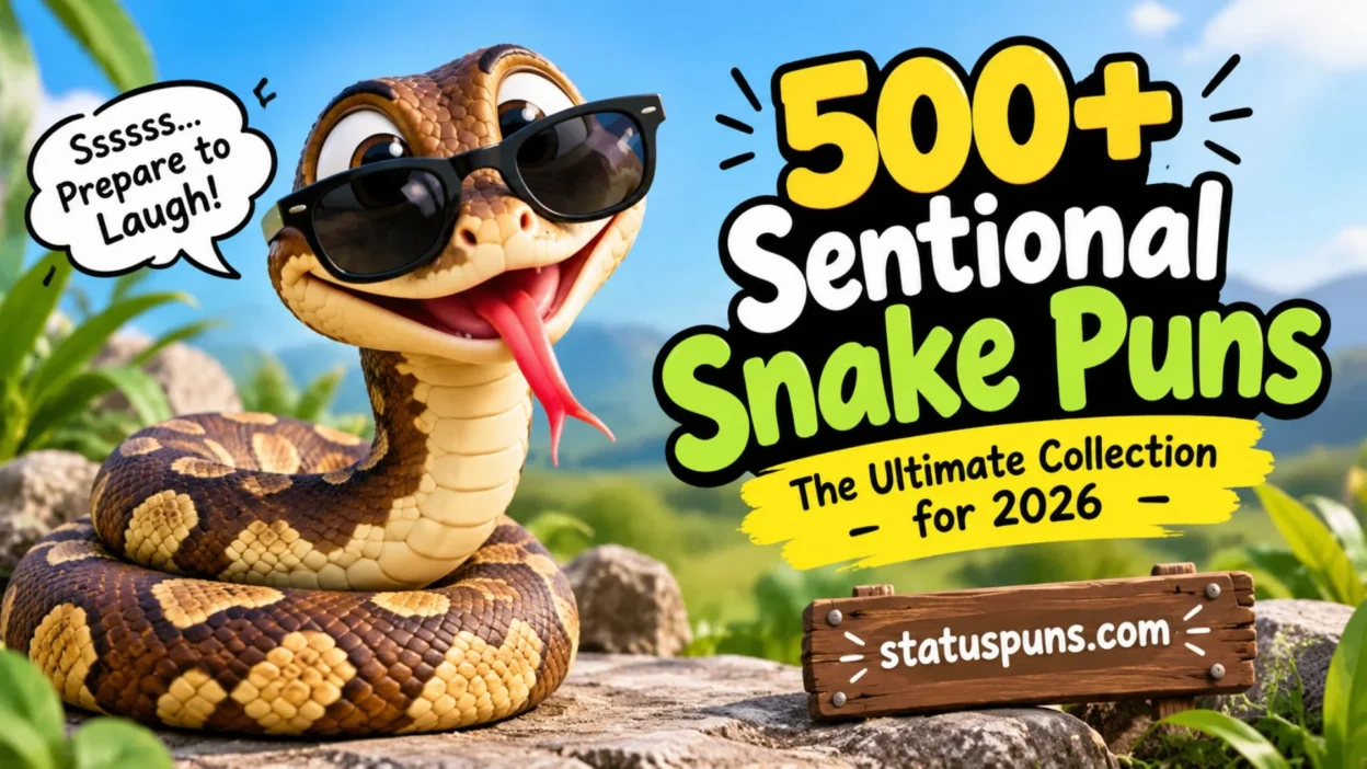 500+ funny snake puns with a playful snake wearing sunglasses in a colourful nature scene