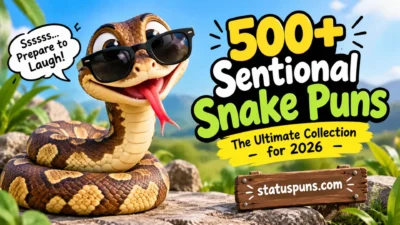 500+ funny snake puns with a playful snake wearing sunglasses in a colourful nature scene