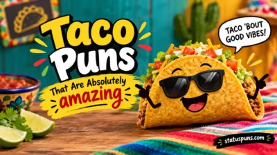 Colorful taco with sunglasses featured in a fun taco puns graphic
