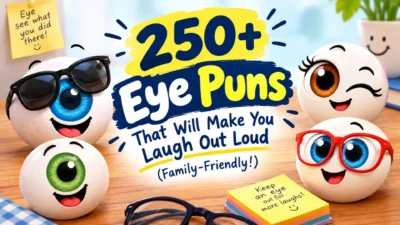 250+ eye puns banner with funny cartoon eyes, glasses, and colourful family-friendly joke decorations