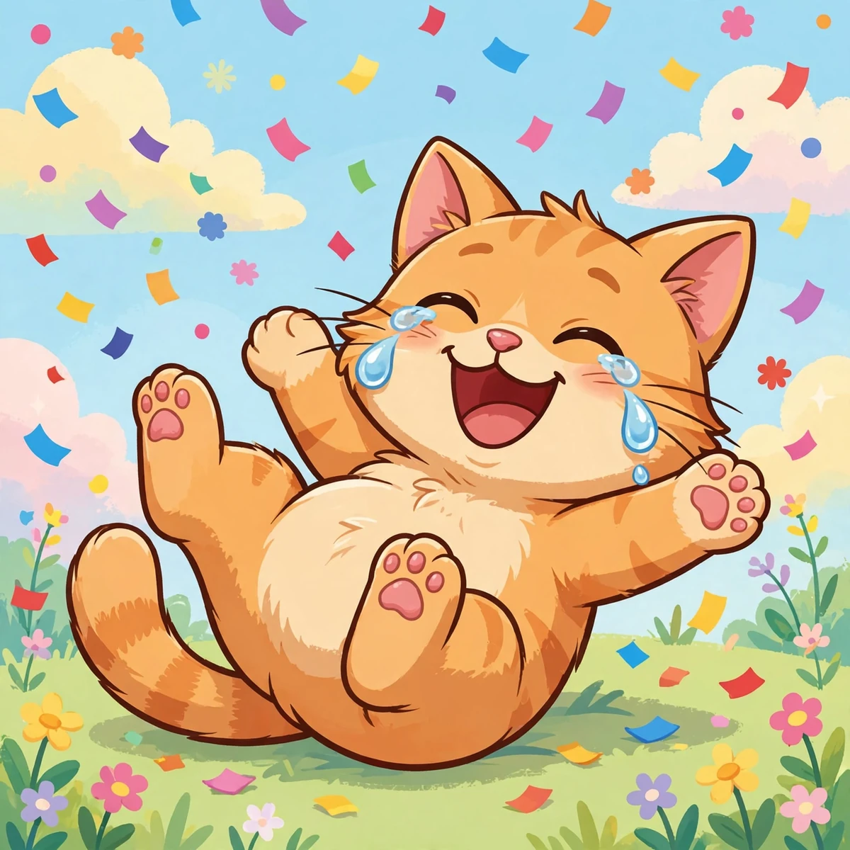 Cartoon cat laughing with tears of joy among confetti