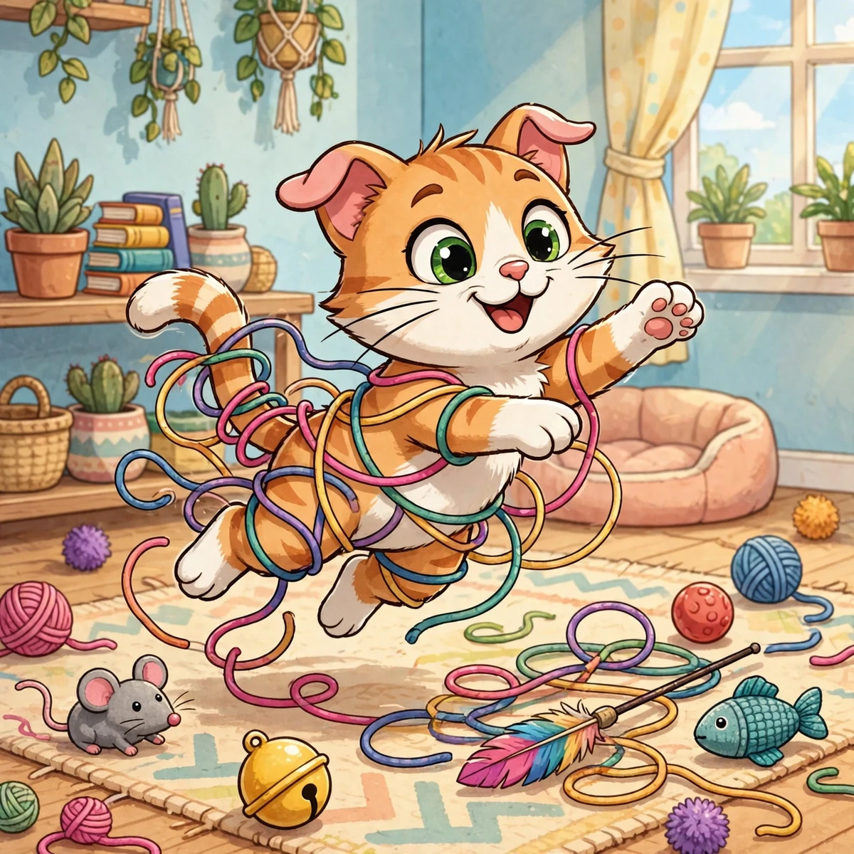 Playful cartoon cat tangled in colorful yarn