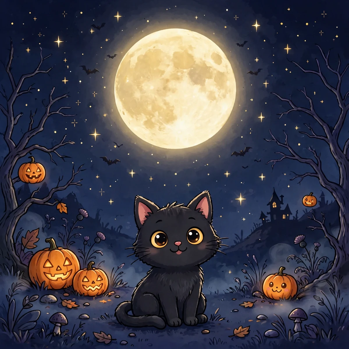 Cute black cat sitting under a big full moon at midnight