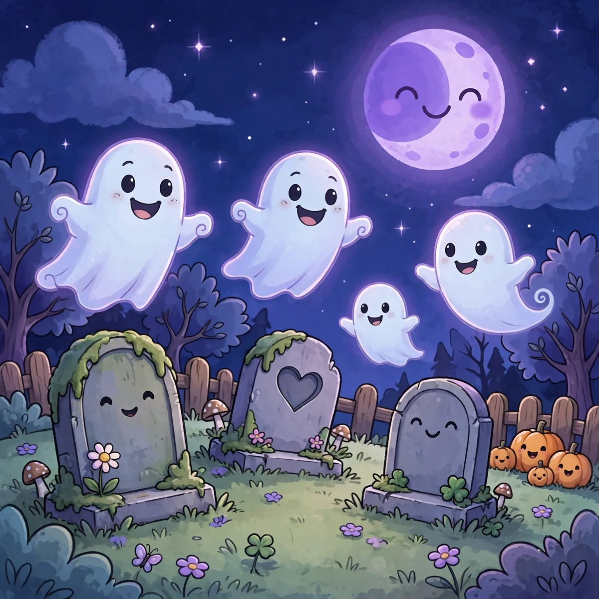 Friendly cartoon ghosts floating over tombstones in a spooky graveyard at night