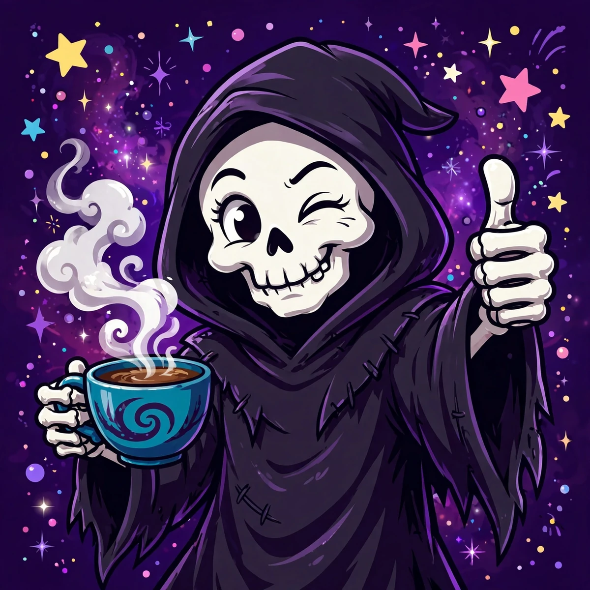 Cartoon grim reaper giving a thumbs up with coffee