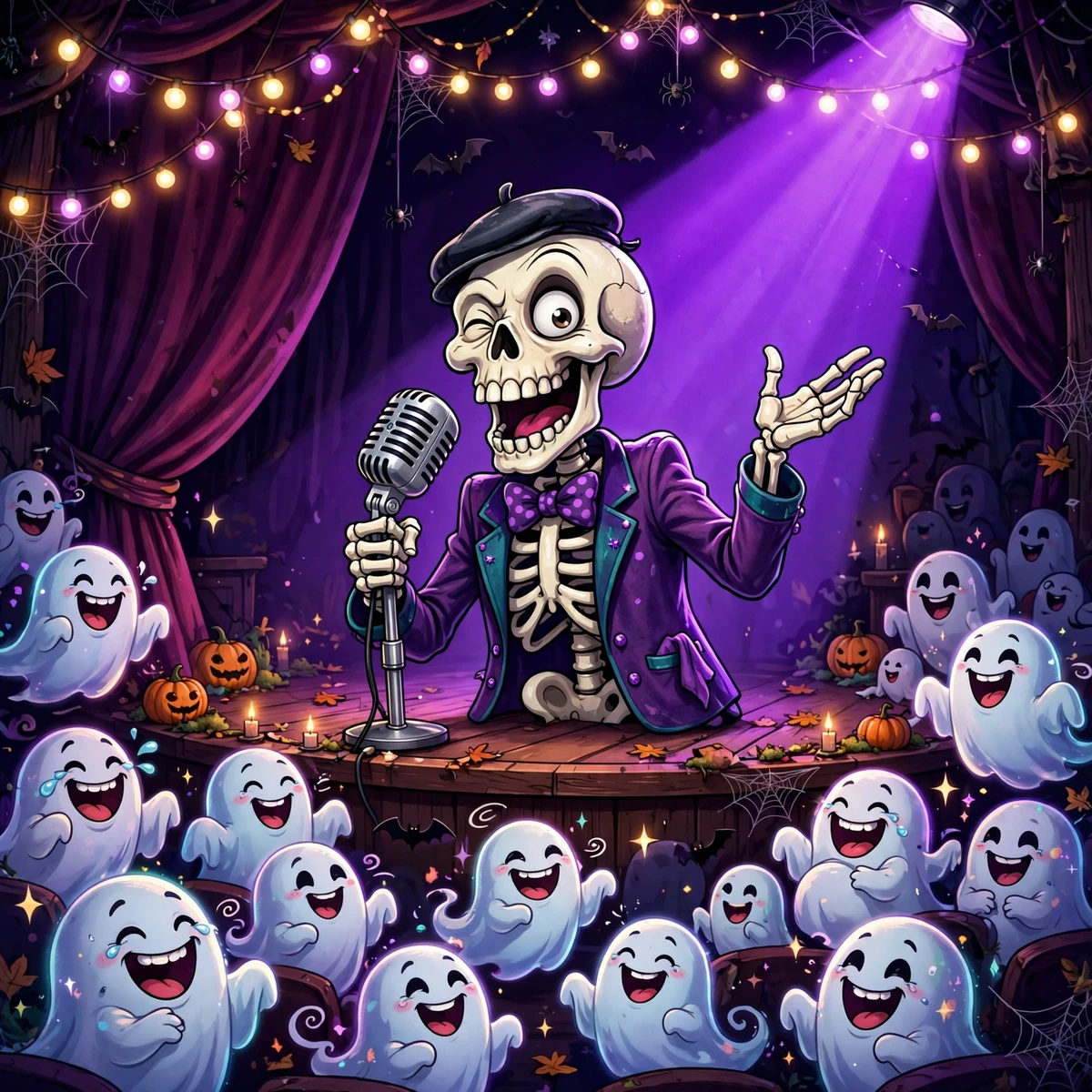 Cartoon skeleton telling jokes on a comedy club stage