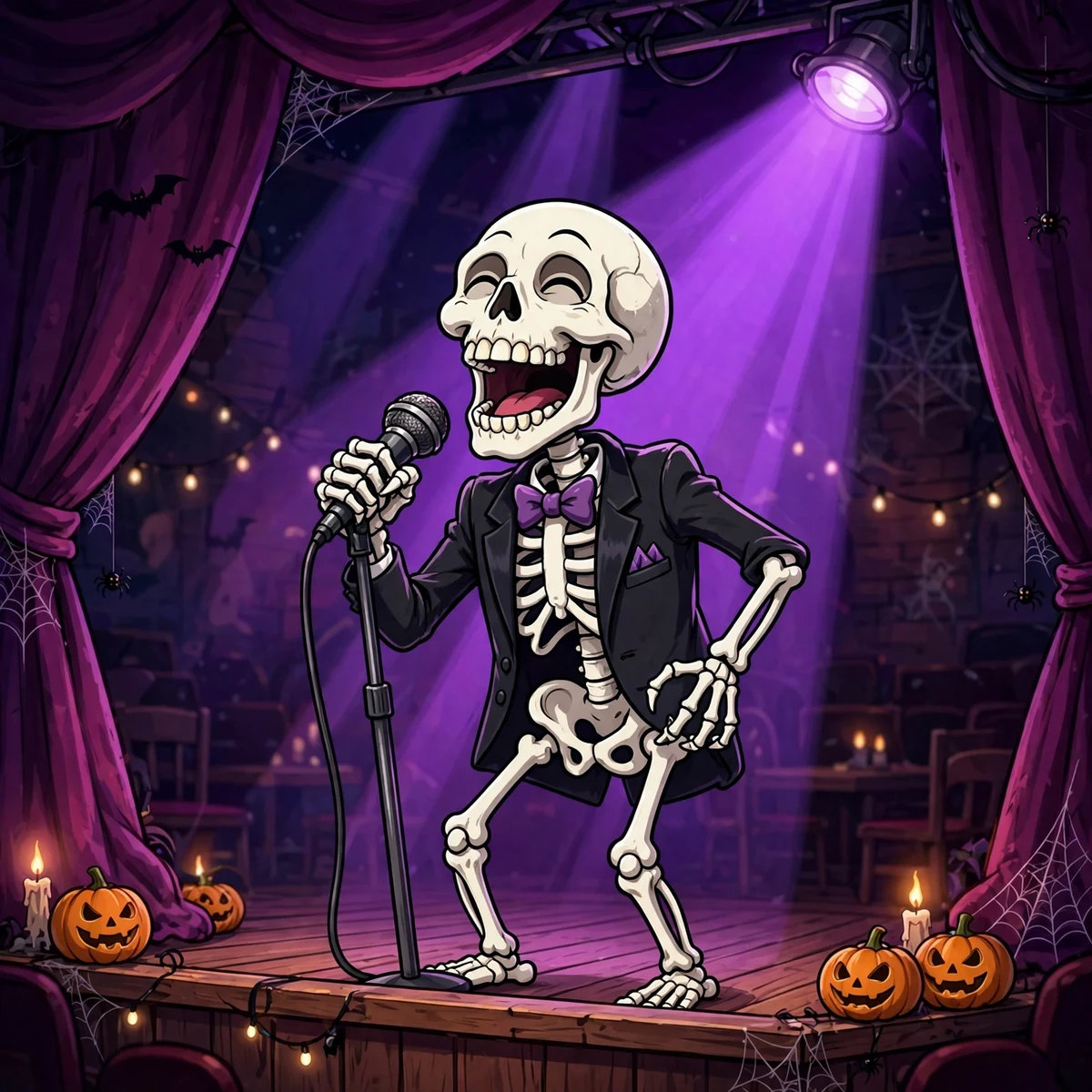 Laughing cartoon skeleton telling jokes on a comedy club stage