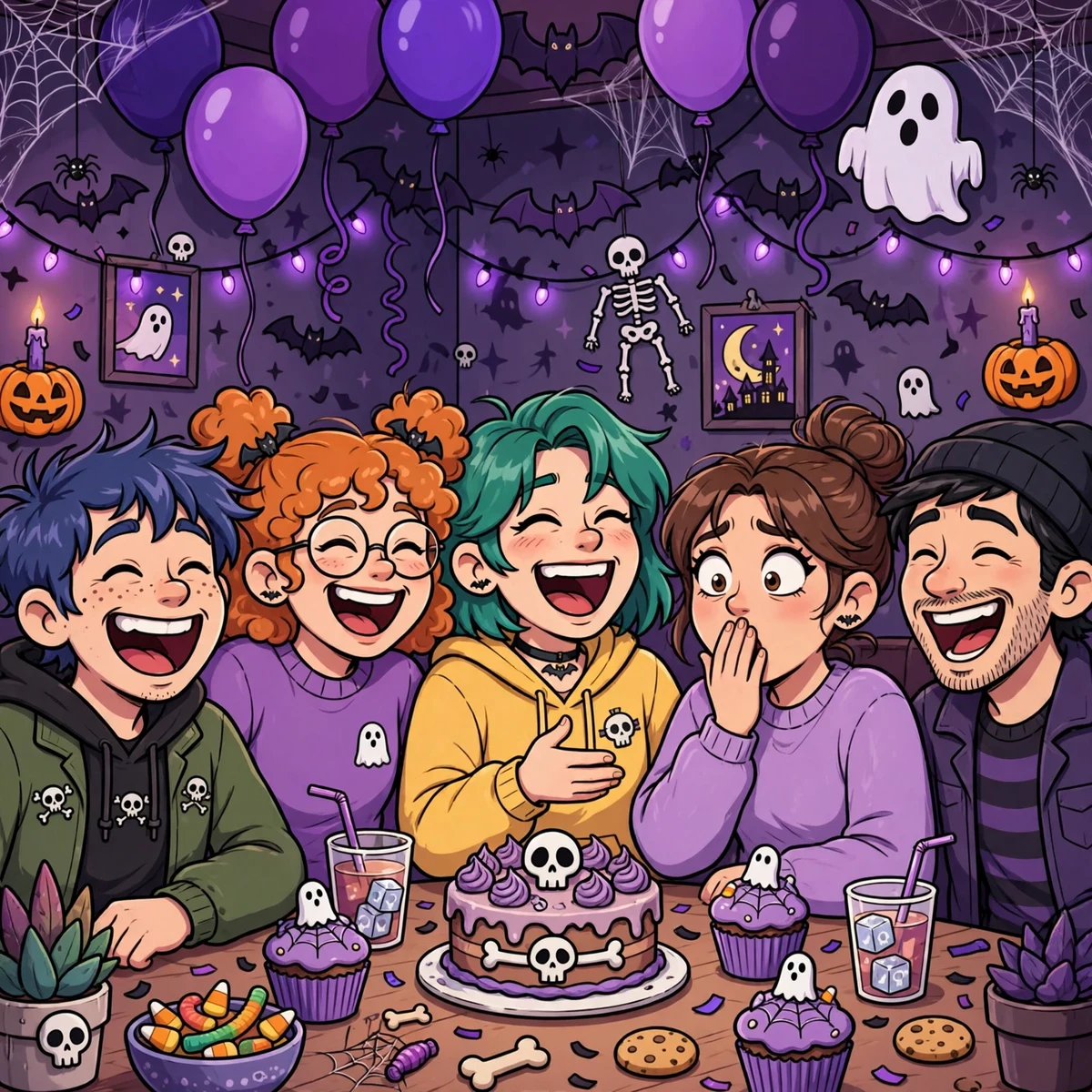 Friends laughing at dark jokes at a party