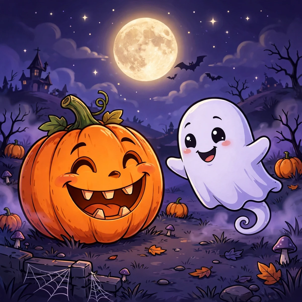 Jack-o-lantern and ghost sharing dark jokes on Halloween