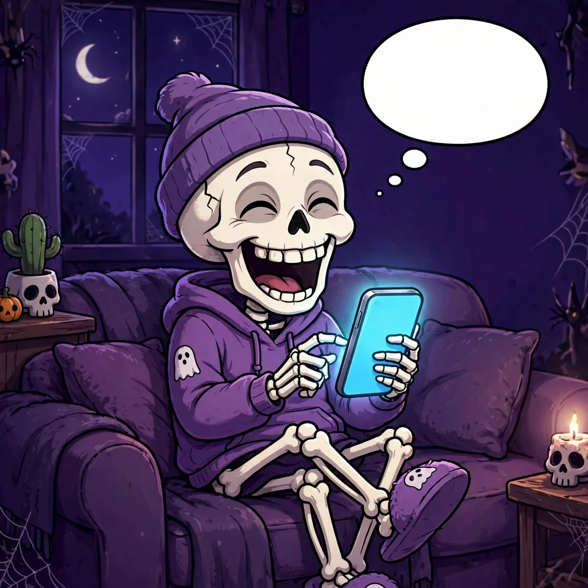 Cartoon skeleton texting dark jokes on a smartphone