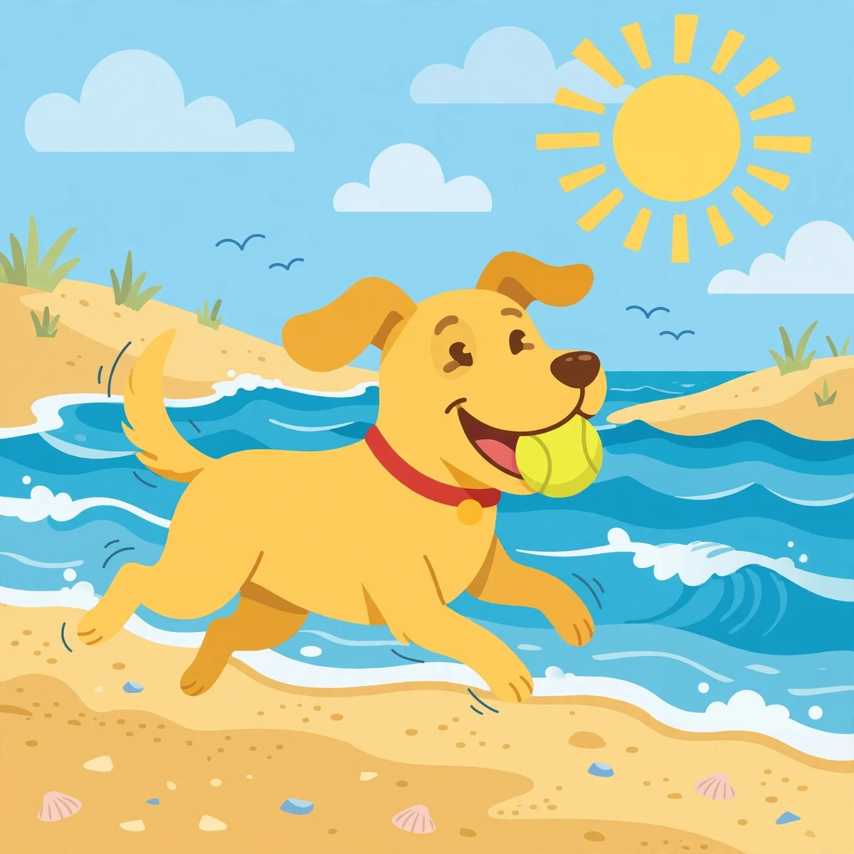 Happy dog running on a sunny beach with a tennis ball