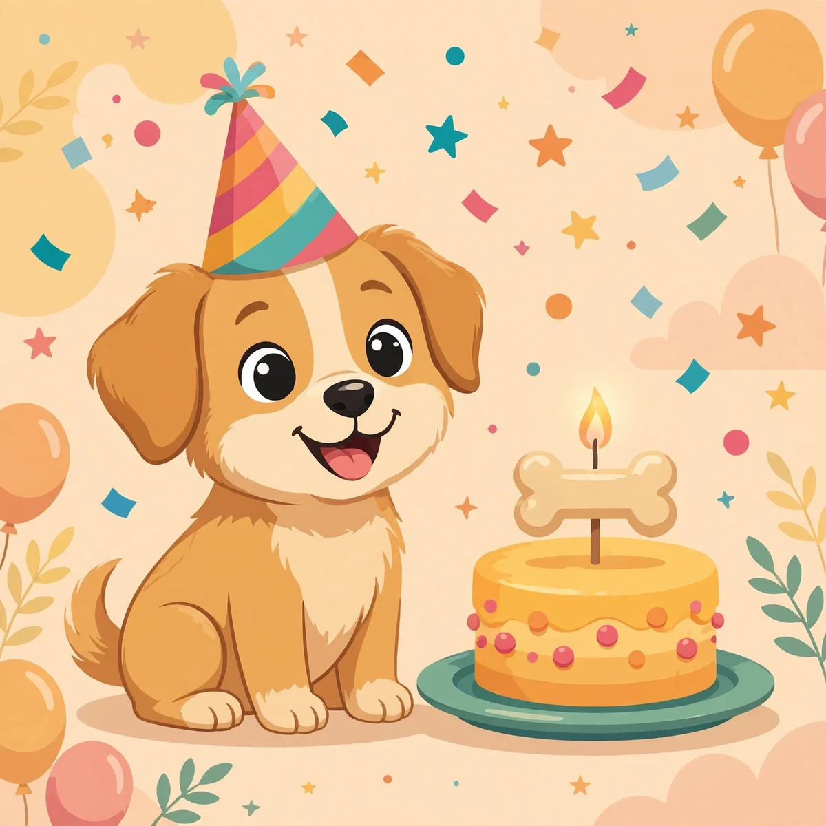 Cute puppy wearing a birthday hat next to a birthday cake