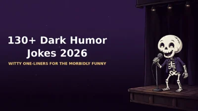 130+ Dark Humor Jokes 2026 featured image with a cartoon skeleton comedian on stage