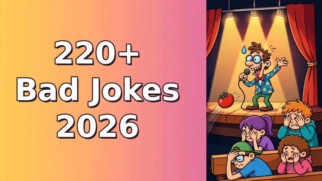 220+ bad jokes 2026 featured illustration of a goofy cartoon comedian bombing on stage while the audience facepalms