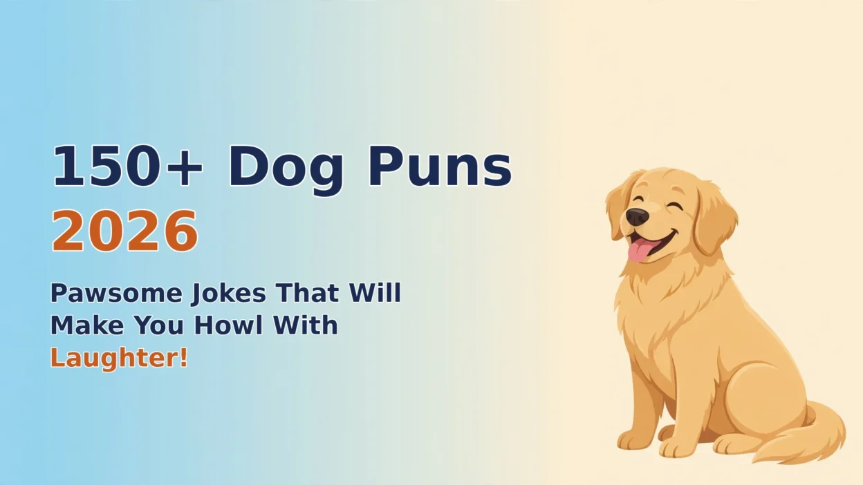 150+ Dog Puns 2026 featured image with a happy golden retriever