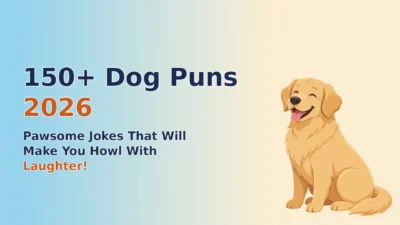 150+ Dog Puns 2026 featured image with a happy golden retriever