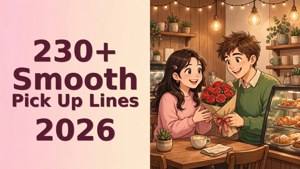 230+ Smooth Pick Up Lines 2026 – featured illustration of a couple sharing roses in a coffee shop