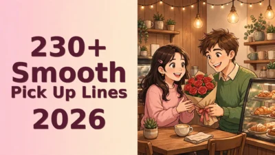 230+ Smooth Pick Up Lines 2026 – featured illustration of a couple sharing roses in a coffee shop