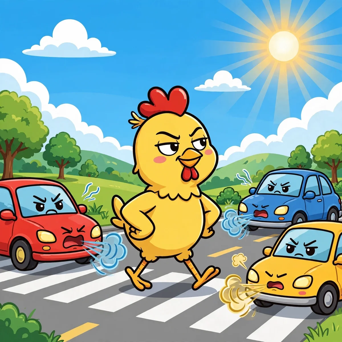 Smug cartoon chicken crossing the road while cars honk