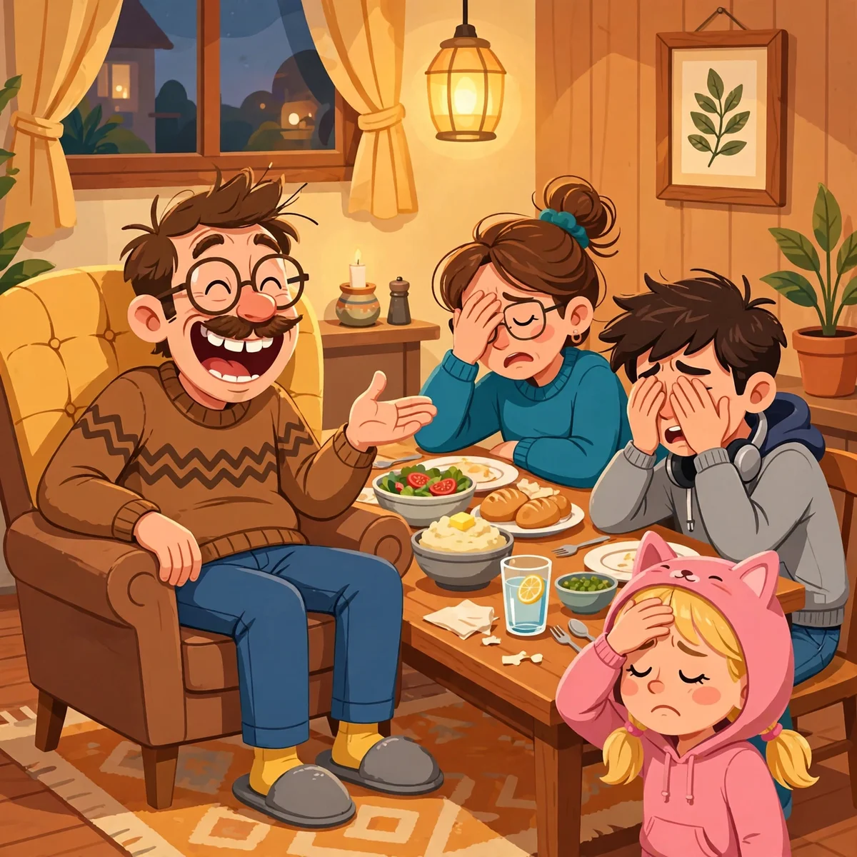 Dad telling a bad joke at the dinner table while the family groans