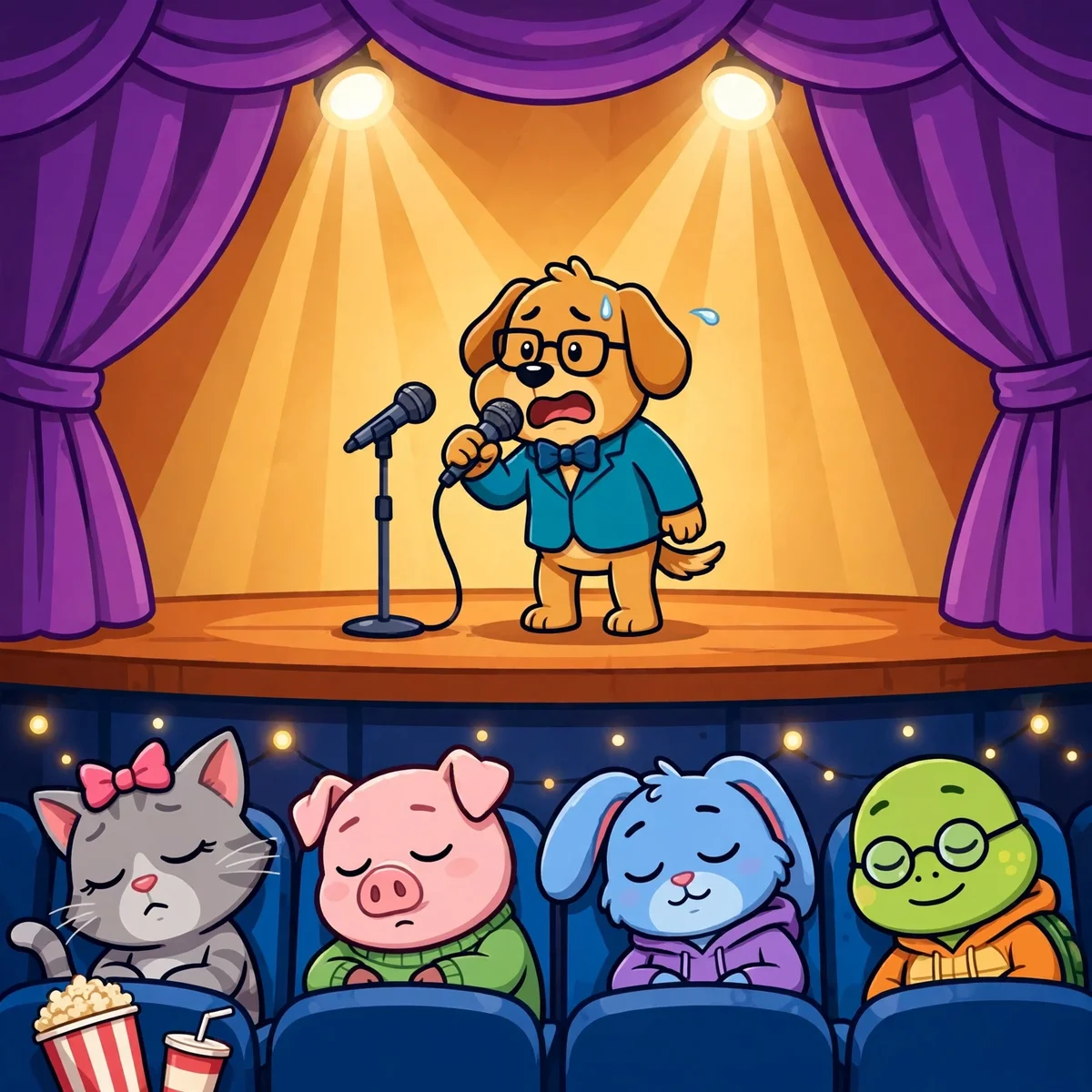 Cartoon dog bombing a stand-up comedy set with a microphone