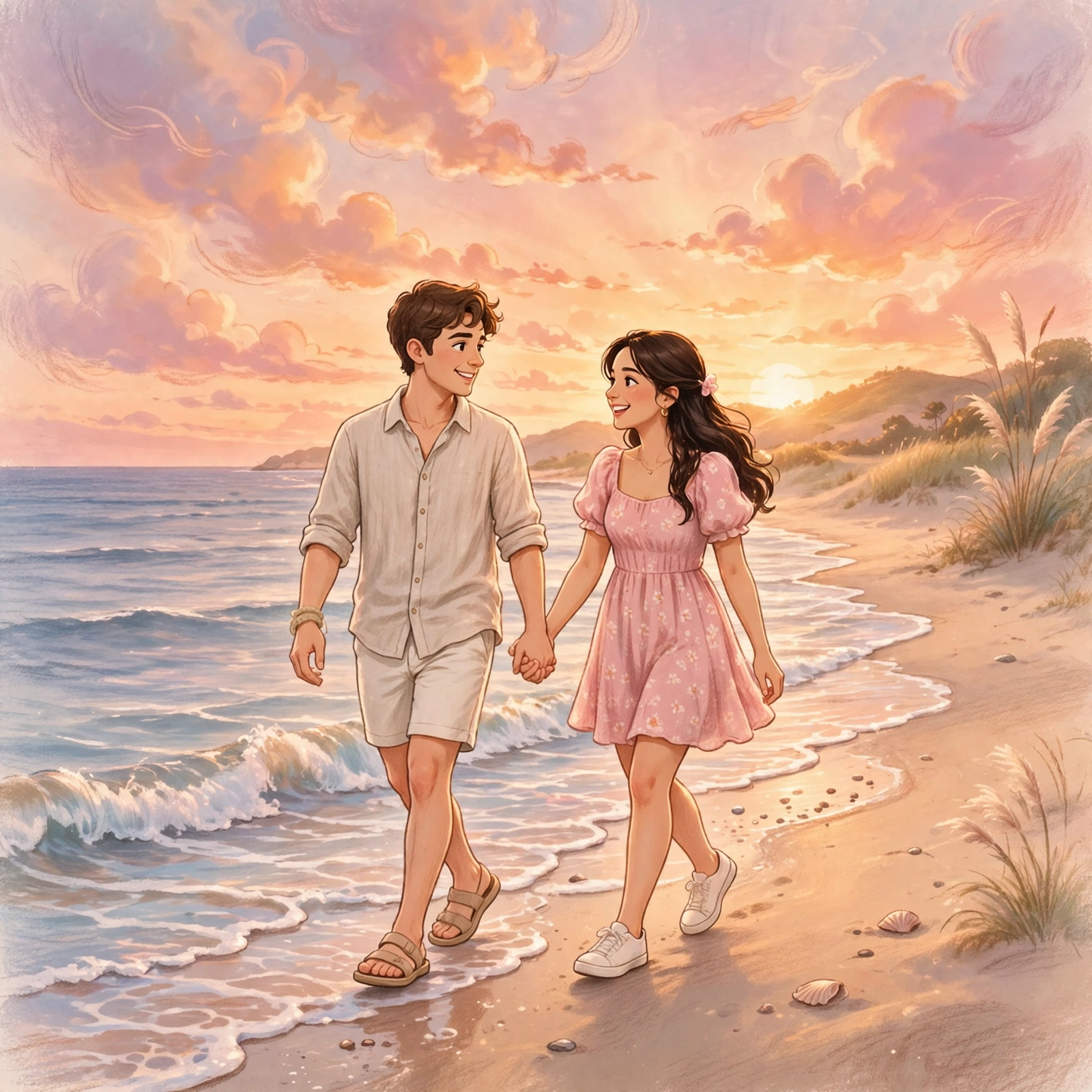 Couple walking on the beach at sunset โ summer smooth pick up lines