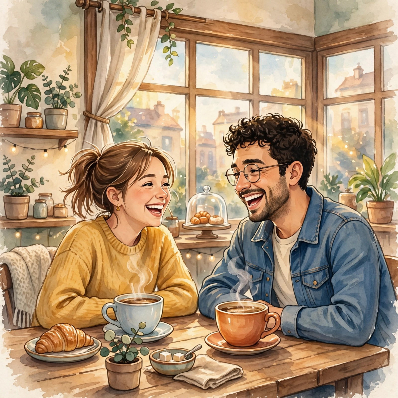 Couple laughing over coffee โ smooth coffee shop pick up lines