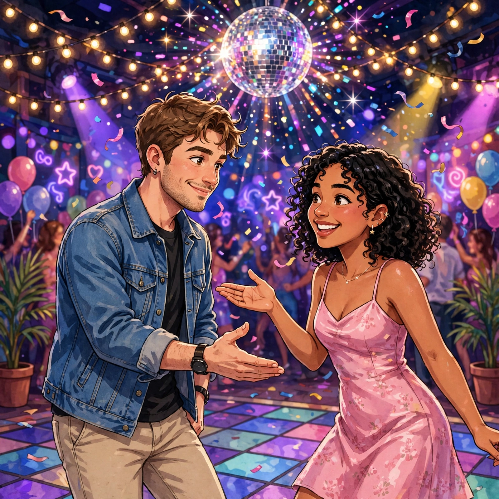 Couple dancing under disco lights โ smooth dance floor pick up lines